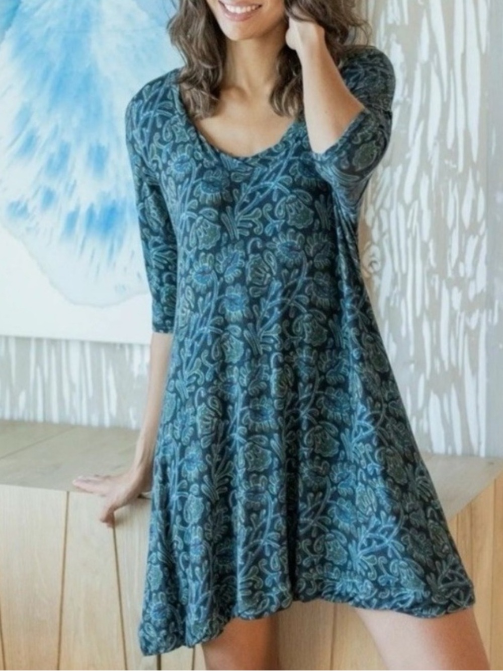 Natural Life Swing Tee Dress XS Green Blue Floral Soft Stretch Boho